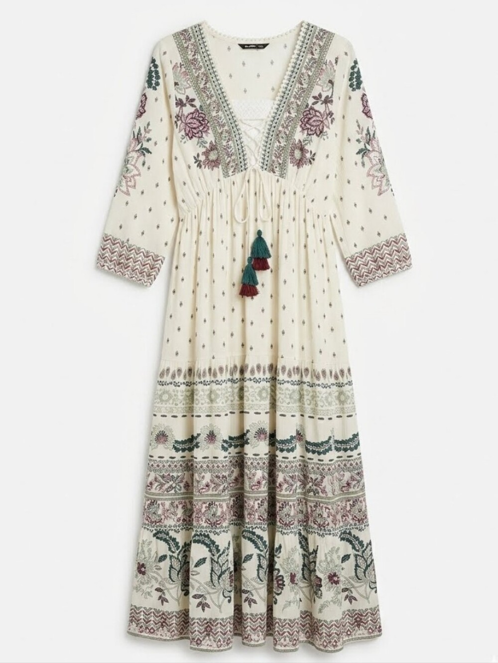 ZUDIO Boho White Printed Maxi Dress with Floral Accents Sz XS